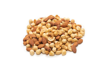 Mix of nuts isolated on white background. Top view.