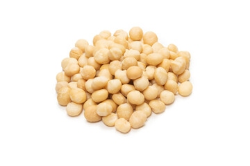 Macadamia nuts isolated on white background.
