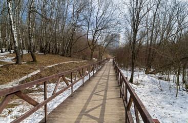 A footbridge at the bottom of a small ravine.