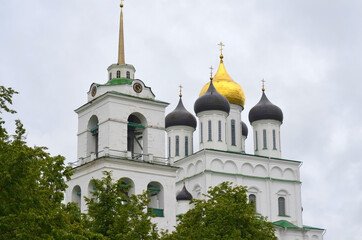 Towers and domes of the Holy Trinity Cathedral in Pskov, Russia