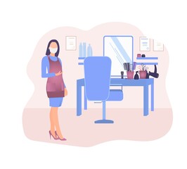 People in society wear medical masks. A barber in a protective mask. Interior of a hair salon with a workplace. Vector illustration.