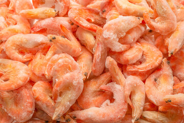 Fresh shrimps in ice. Top view.