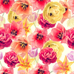 Watercolor digital painting of tulip flowers. Digital illustration.Seamless background