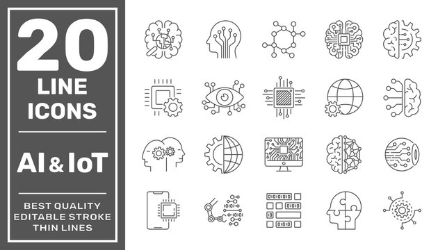 Artificial intelligence and Iot line icons set. Black vector illustration. Editable stroke. EPS 10