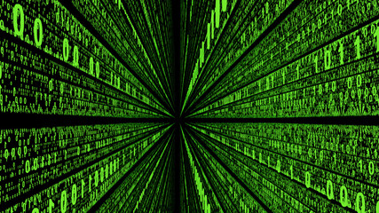 Green digital bits composed by binary code 0 and 1 that flow away in parallel strips to the infinite.
