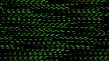 Strips of a green colour composed of bits from the binary code 0 and 1 are scrolling horizontally from the left to the right side of the screen.