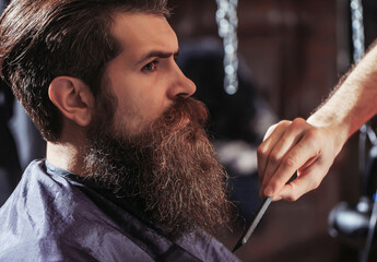 Bearded man in barber shop. Barber comb. Vintage barber shop, shaving. Portrait bearded man....
