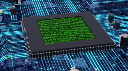 A microprochip shows its core that is working and displays the elaboration data with the bits 0 and 1, installed over a circuit board with some electronic components and electricity activity.