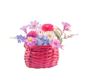 Fototapeta na wymiar Colorful flowers in a basket on white background. Digital illustration.