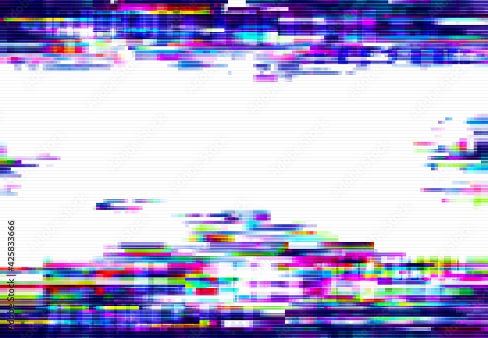 Poster Glitch pixels vector abstract background, distorted glitched colored and neon glowing frame with random pixels. Television distortion with glitch effect, error, no signal tv screen border or backdrop