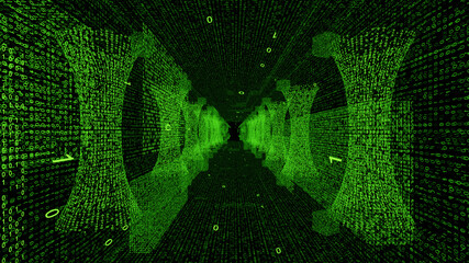 A tunnel composed from green digital bits of binary code 0 and 1 form digital structures, with some bits that flow away to the tunnel in a straight line.
