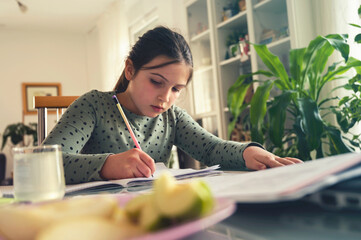 Fototapeta na wymiar Home school. Cute little girl doing homework at home. Studying in the living room.