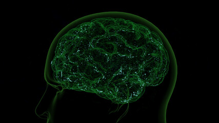 Close up of a virtual brain inside a green human head hologram that shows a simulation of brain activity as electrical signals.