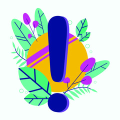 exclamation mark with green leaves.web illustration flat design isolated on white background.