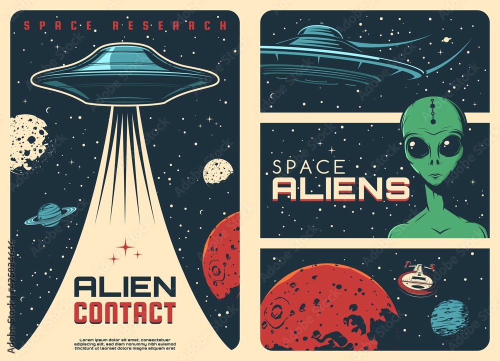 Poster alien spaceship, extraterrestrial ufo life retro posters. humanoid alien with green skin and big eye
