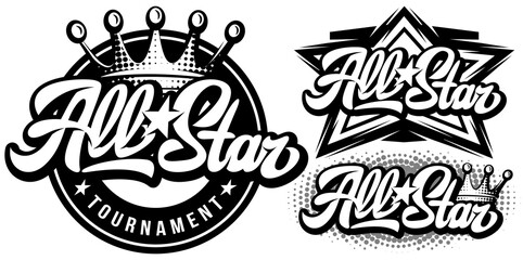 Set of monochrome templates with calligraphic inscription All Stars. Vector editable illustration. Element for business card design, style, website, print on a t-shirt