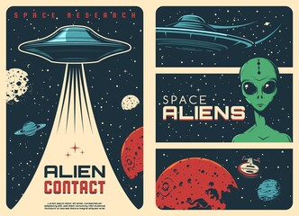 Alien spaceship, extraterrestrial UFO life retro posters. Humanoid alien with green skin and big eyes, flying saucer and fantasy spaceship in outer space, Mars and Saturn planets, Moon vector