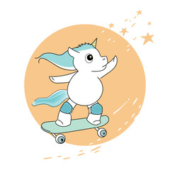 Baby unicorn on a skateboard flying to the stars