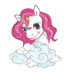 Little smilling pink unicorn and clouds. Cartoon vector illustration isolated on white background.