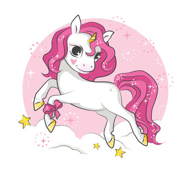 Cule little unicorn on pink background. Vector cartoon illustration