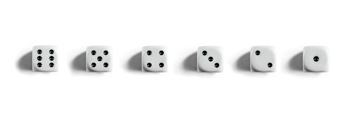 Six clean dices with Numbers 1, 2, 3, 4, 5, 6. Top view. White banner.