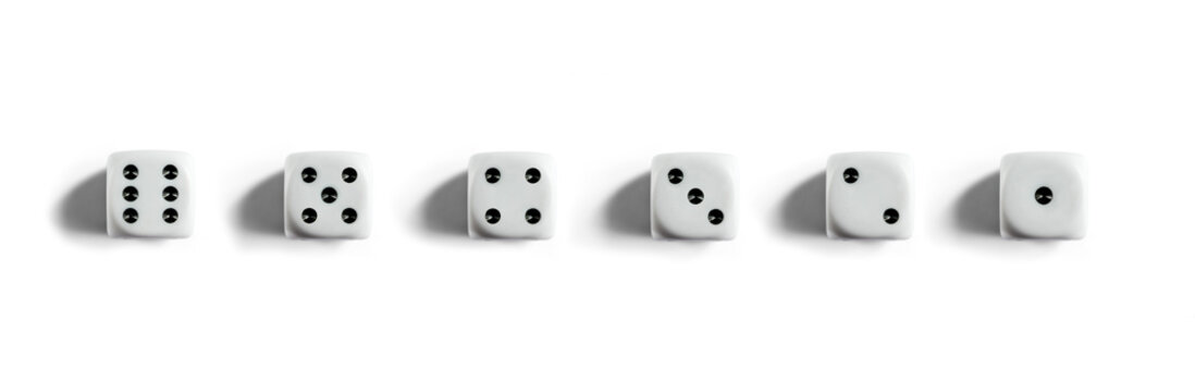 Six clean dices with Numbers 1, 2, 3, 4, 5, 6. Top view. White banner.