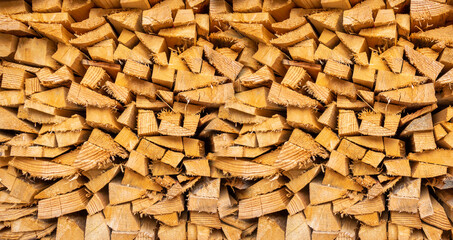 Wood pile background texture. Horizontal banner