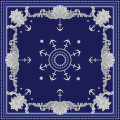 Vector shawl print on a dark blue background. Fashionable silver chains and anchor pattern, Baroque fantasy scroll, blue sea shells and pearls. Scarf, bandana, neckerchief, silk patch, carpet