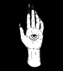 Mystic and occult hand. Palm with an all-seeing eye. Mystical print. Hand drawn vector illustration.