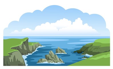 Fototapeta na wymiar Irish green rocky coastline. Seascape panoramic view. Ocean landscape with big cloud. Nature hand-drawn illustration