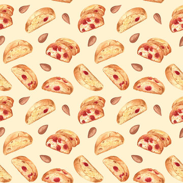 Seamless pattern with biscotti Italian cookies with cherries and almond nuts on light yellow background. Watercolor fine illustration. For kitchen and dining decor, textile, wallpapers, cafe design.