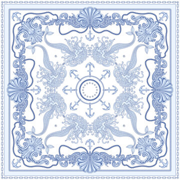 Vector shawl blue print on a white background. Fashionable silver chains and anchor pattern, Baroque fantasy scroll, blue beautiful mermaid and pearls. Scarf, bandana, neckerchief, silk patch, carpet
