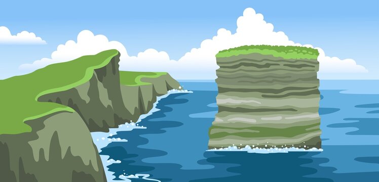 Rock Dan Bristy near Irish coast. Dun Briste sea stack. Landscape with fluffy clouds. Colorful ocean scenic view. Hand-drawn vector illustration