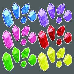 A set of multi-colored crystals of different sizes. Precious stones and minerals. Stickers. 