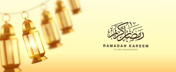 Islamic ramadan kareem brochure or background design template illustration with 3d realistic golden lantern lined up neatly 