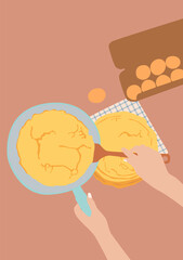 Girl preparing pancakes in a skillet in the kitchen with eggs.