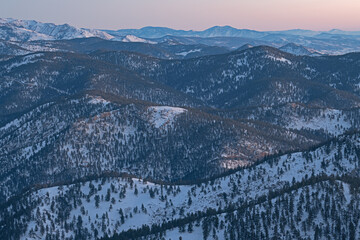 Winter landscape at dawn of the Front Range of the Rocky Mountains from Lost Gulch Overlook,...
