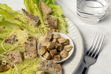 Homemade Caesar Salad with romanine, cheese, croutons, chicken, lemon and sauce