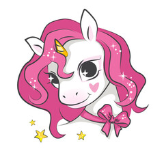 LIttle cute pink unicorn.  Cartoon vector illustration on white background