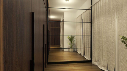 corridor in hotel with wooden and mirror wall paneling 
