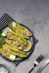 Homemade Caesar Salad with romanine, cheese, croutons, chicken, lemon and sauce