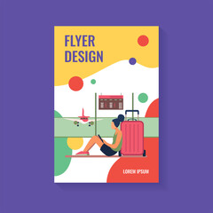Young woman sitting in airport and using tablet. Plane, baggage, smartphone flat vector illustration. Communication and digital technology concept for banner, website design or landing web page