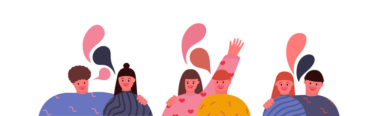 Happy young people talking with colorful chat bubbles. Couples hugging, chatting in the form of chat balls, funny flat characters