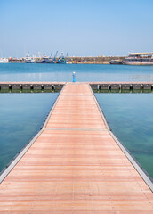 Fototapeta premium Pontoon bridge for boats at Turistic Port or harbor in Constanta, Romania .