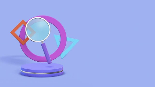 magnifying glass spinning, abstract geometric shapes, stylized modern animation, copy space, seamless loop (3d render)