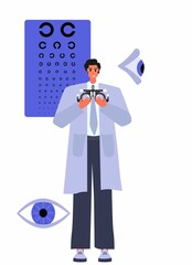 Optical eyes test illustration. Ophthalmology concept. Ophthalmologist checks patient sight.