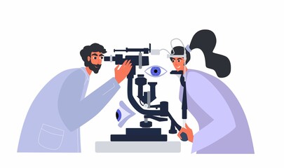 Optical eyes test illustration. Ophthalmology concept. Ophthalmologist checks patient sight.