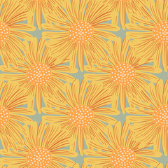 Fototapeta na wymiar Summer sunny seamless pattern with orange pale daisy flower bud silhouettes. Pastel blue background.