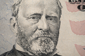 The fifty dollars banknote macro. Close up shor of the President Grant