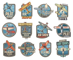 Pilot school and aviation show icons. Air travel tours, historical aircraft museum and airfreight service emblem or badge. Vintage propeller biplane and monoplane, flying retro vector airplane